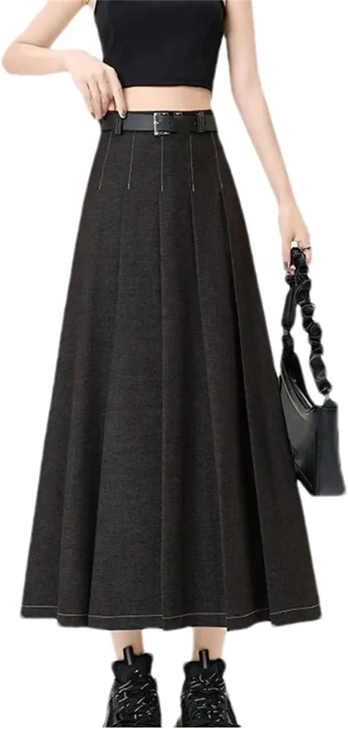 High-Waisted Slimming Denim Skirt Women's Spring Casual A- Line Draped Dress Long Fashion