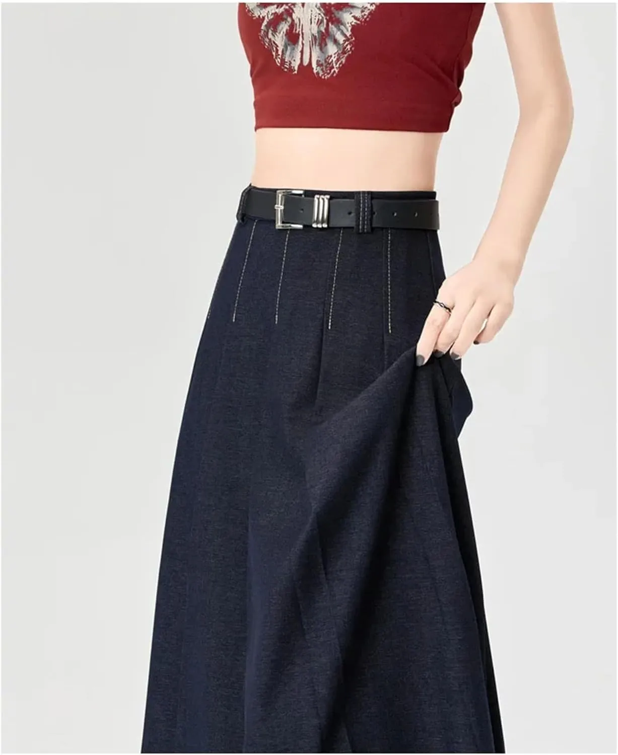 High-Waisted Slimming Denim Skirt Women's Spring Casual A- Line Draped Dress Long Fashion