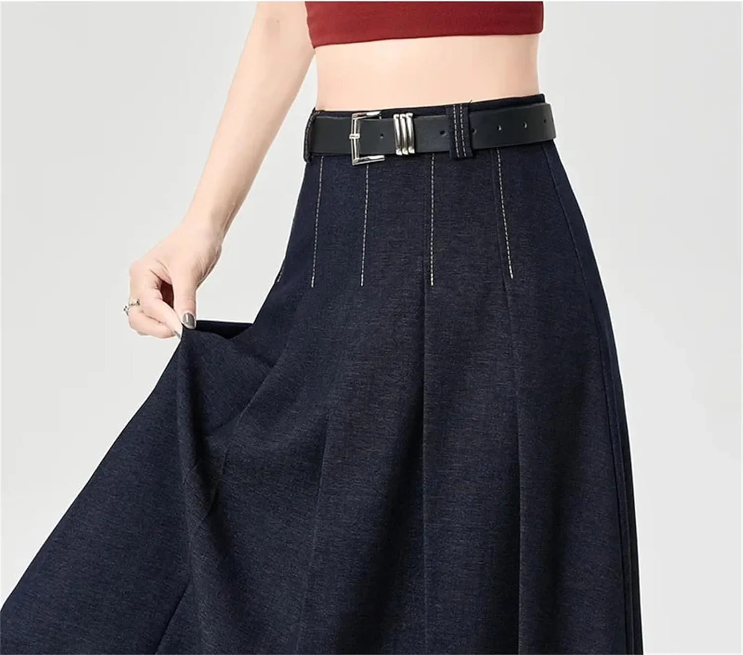 High-Waisted Slimming Denim Skirt Women's Spring Casual A- Line Draped Dress Long Fashion