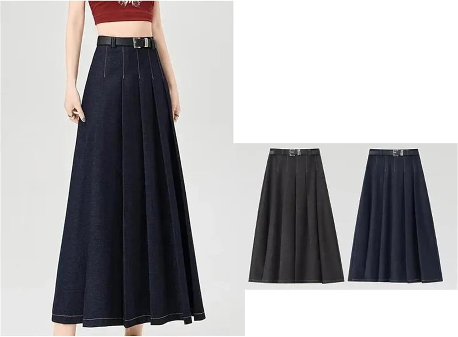 High-Waisted Slimming Denim Skirt Women's Spring Casual A- Line Draped Dress Long Fashion
