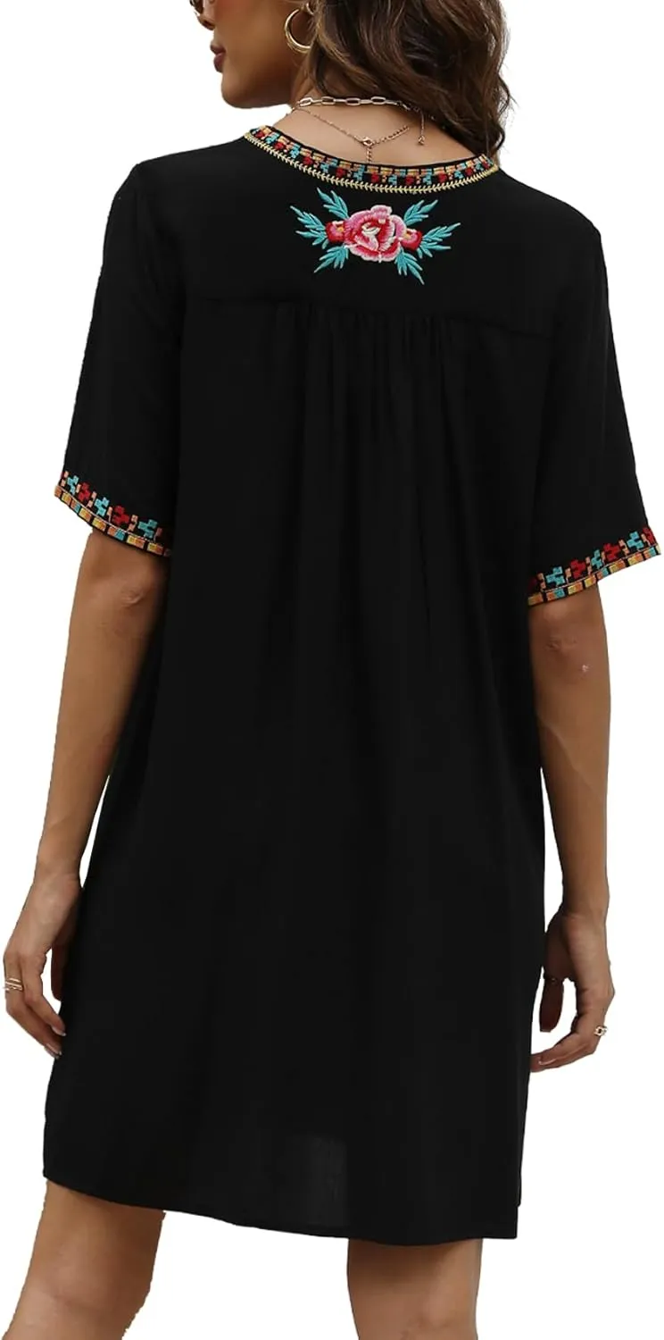 Higustar Women's Mexican Embroidered Dresses Peasant Tradition Bohemian Hippie Fiesta Plus Size Dress