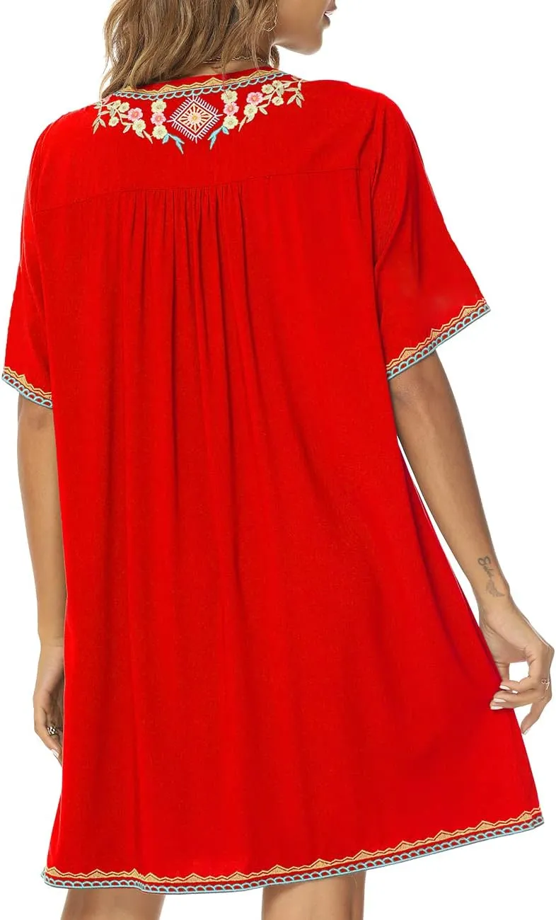 Higustar Women's Mexican Embroidered Dresses Peasant Tradition Bohemian Hippie Fiesta Plus Size Dress