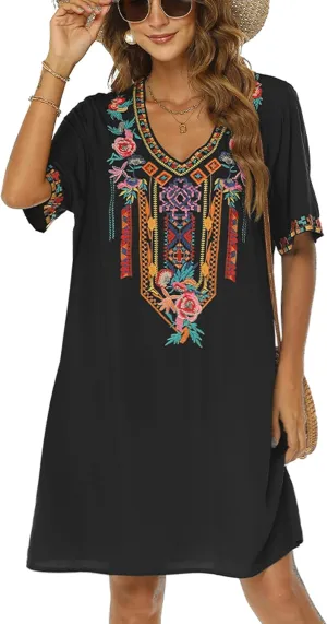 Higustar Women's Mexican Embroidered Dresses Peasant Tradition Bohemian Hippie Fiesta Plus Size Dress