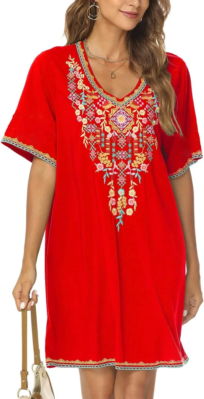 Higustar Women's Mexican Embroidered Dresses Peasant Tradition Bohemian Hippie Fiesta Plus Size Dress