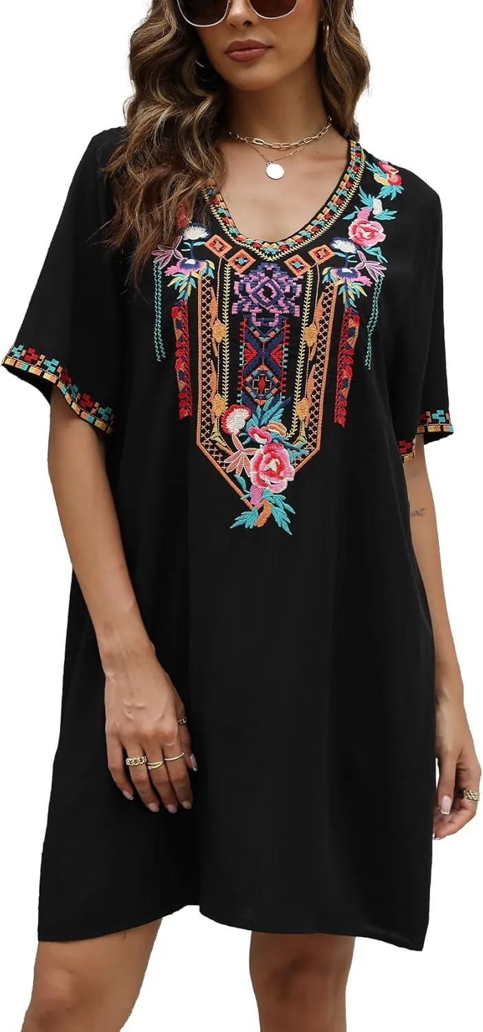 Higustar Women's Mexican Embroidered Dresses Peasant Tradition Bohemian Hippie Fiesta Plus Size Dress