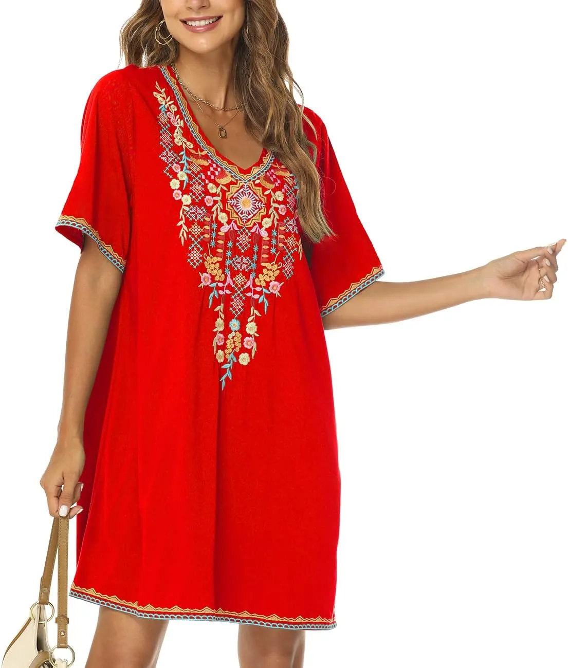 Higustar Women's Mexican Embroidered Dresses Peasant Tradition Bohemian Hippie Fiesta Plus Size Dress
