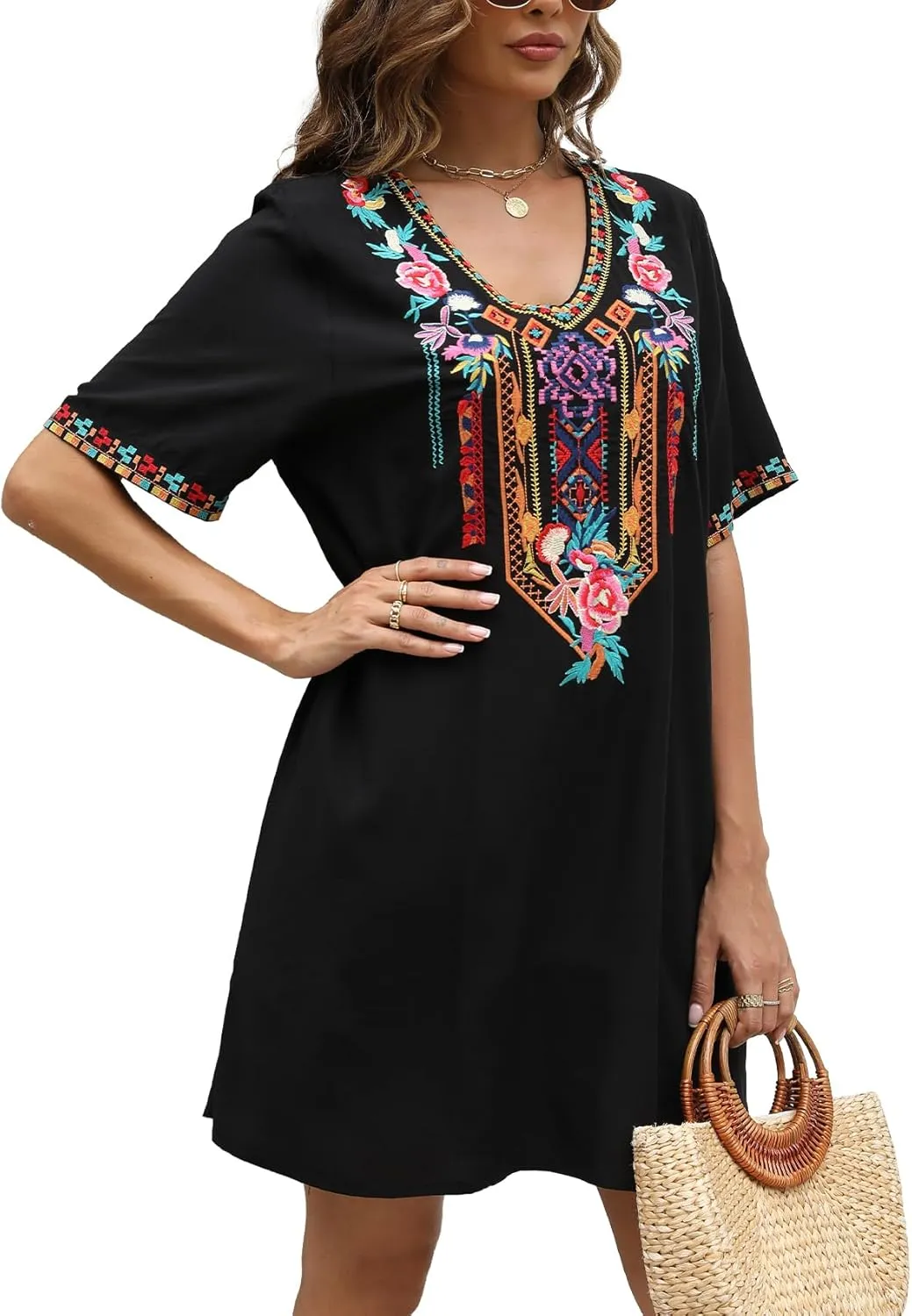 Higustar Women's Mexican Embroidered Dresses Peasant Tradition Bohemian Hippie Fiesta Plus Size Dress