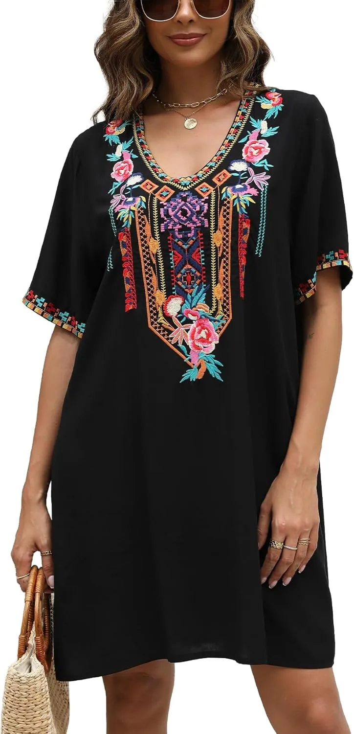 Higustar Women's Mexican Embroidered Dresses Peasant Tradition Bohemian Hippie Fiesta Plus Size Dress