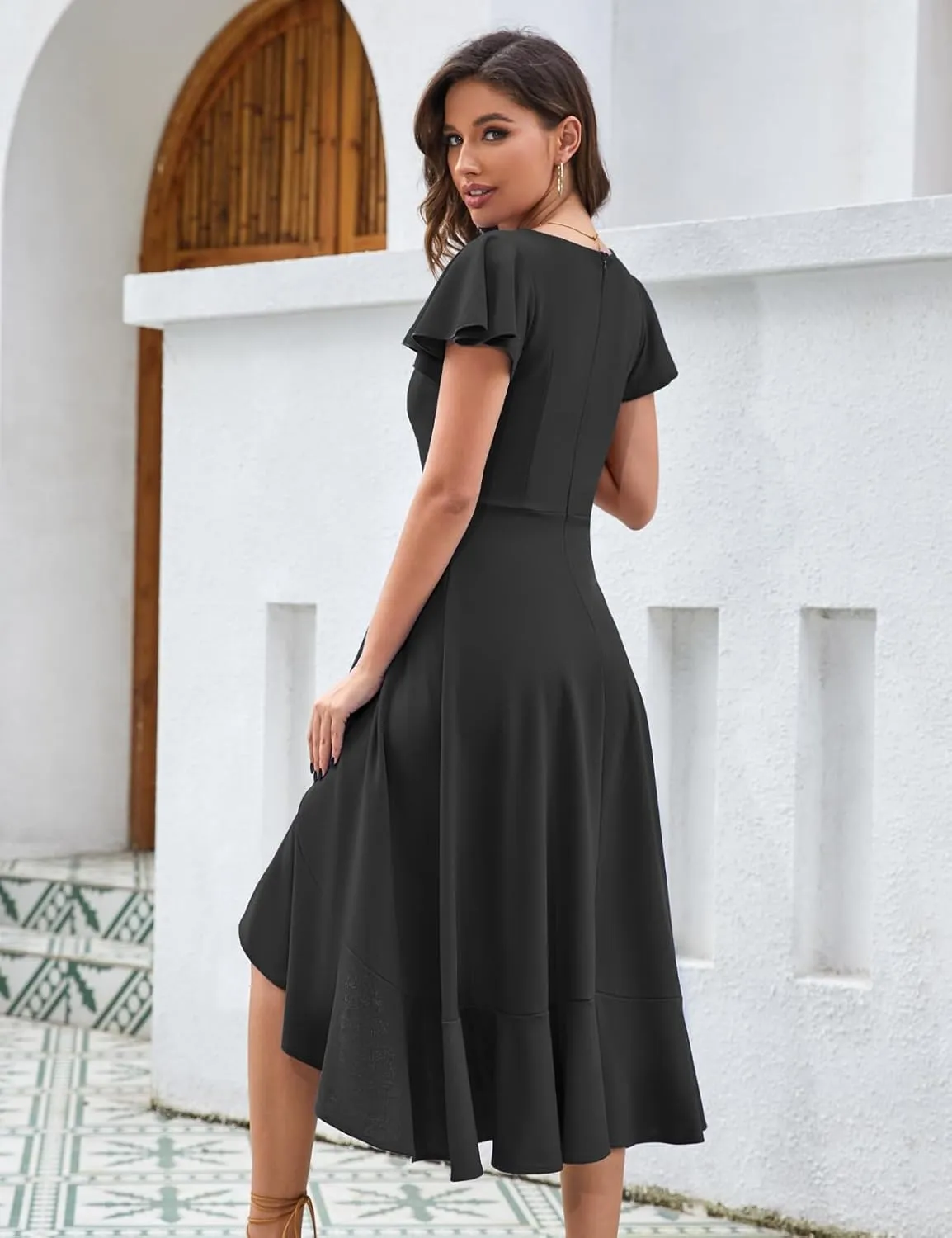 HomRain V Neck Formal Wedding Guest Bridesmaid Dresses for Women 2025 Ruffle Sleeves for Cocktail Graduation Modest Dress