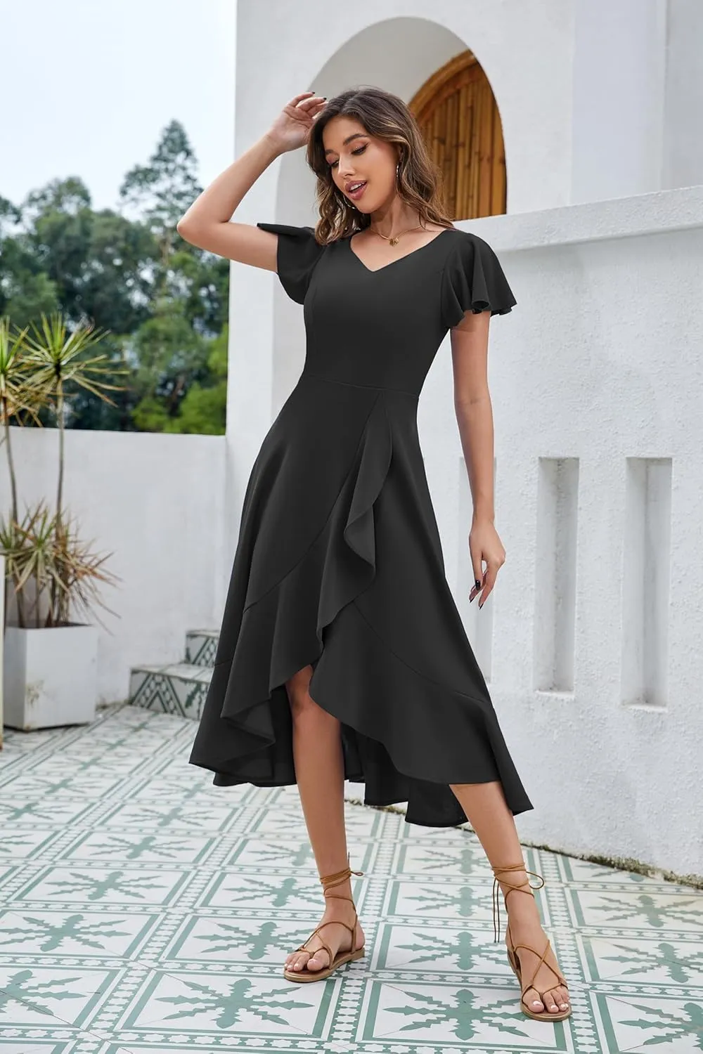 HomRain V Neck Formal Wedding Guest Bridesmaid Dresses for Women 2025 Ruffle Sleeves for Cocktail Graduation Modest Dress