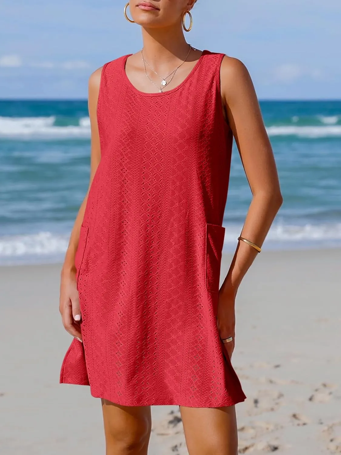 Imily Bela Womens Summer Dresses Casual Beach Tank Eyelet Sleeveless Sundresses 2025 Loose Swimsuit Coverup with Pockets
