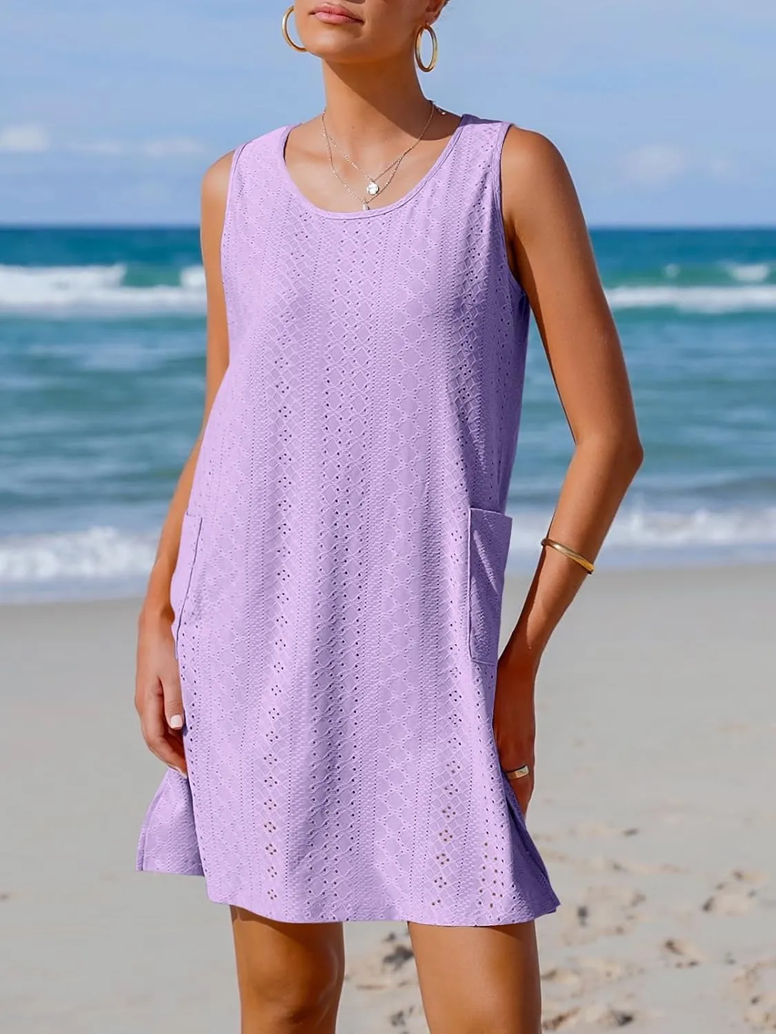 Imily Bela Womens Summer Dresses Casual Beach Tank Eyelet Sleeveless Sundresses 2025 Loose Swimsuit Coverup with Pockets