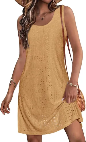 Imily Bela Womens Summer Dresses Casual Beach Tank Eyelet Sleeveless Sundresses 2025 Loose Swimsuit Coverup with Pockets