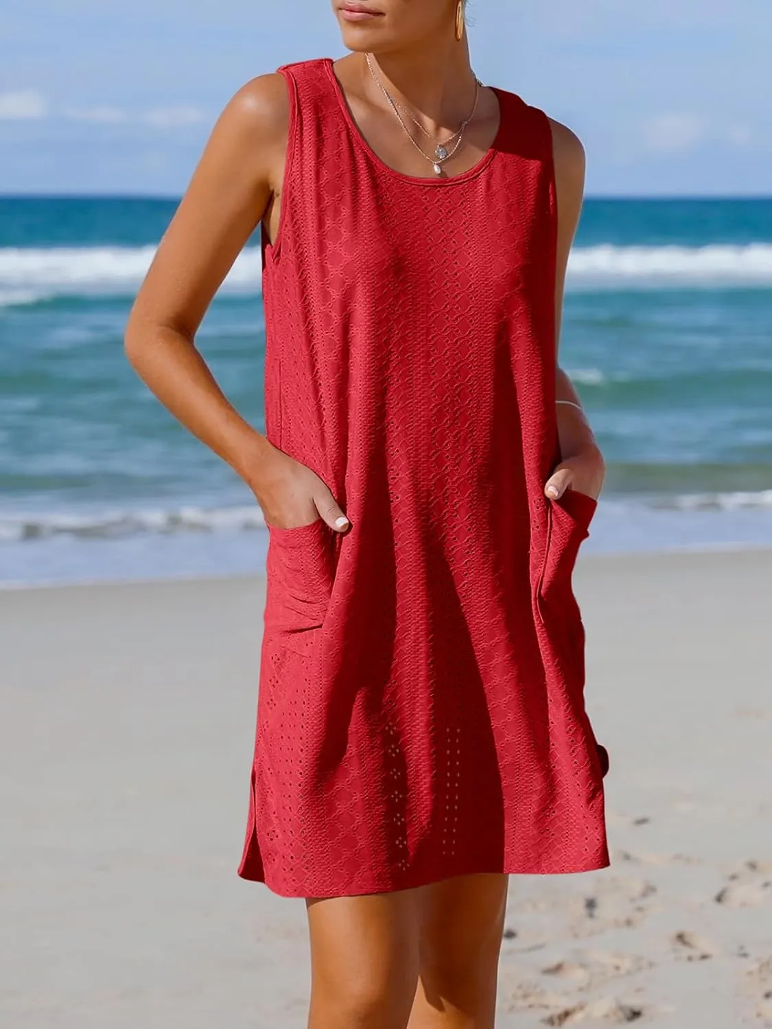 Imily Bela Womens Summer Dresses Casual Beach Tank Eyelet Sleeveless Sundresses 2025 Loose Swimsuit Coverup with Pockets