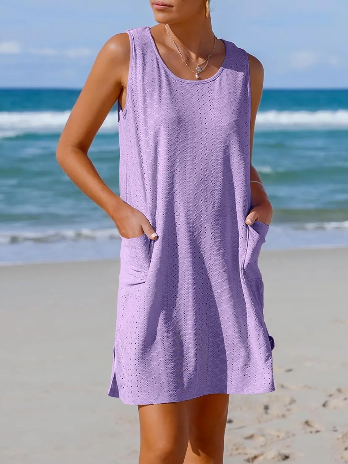 Imily Bela Womens Summer Dresses Casual Beach Tank Eyelet Sleeveless Sundresses 2025 Loose Swimsuit Coverup with Pockets