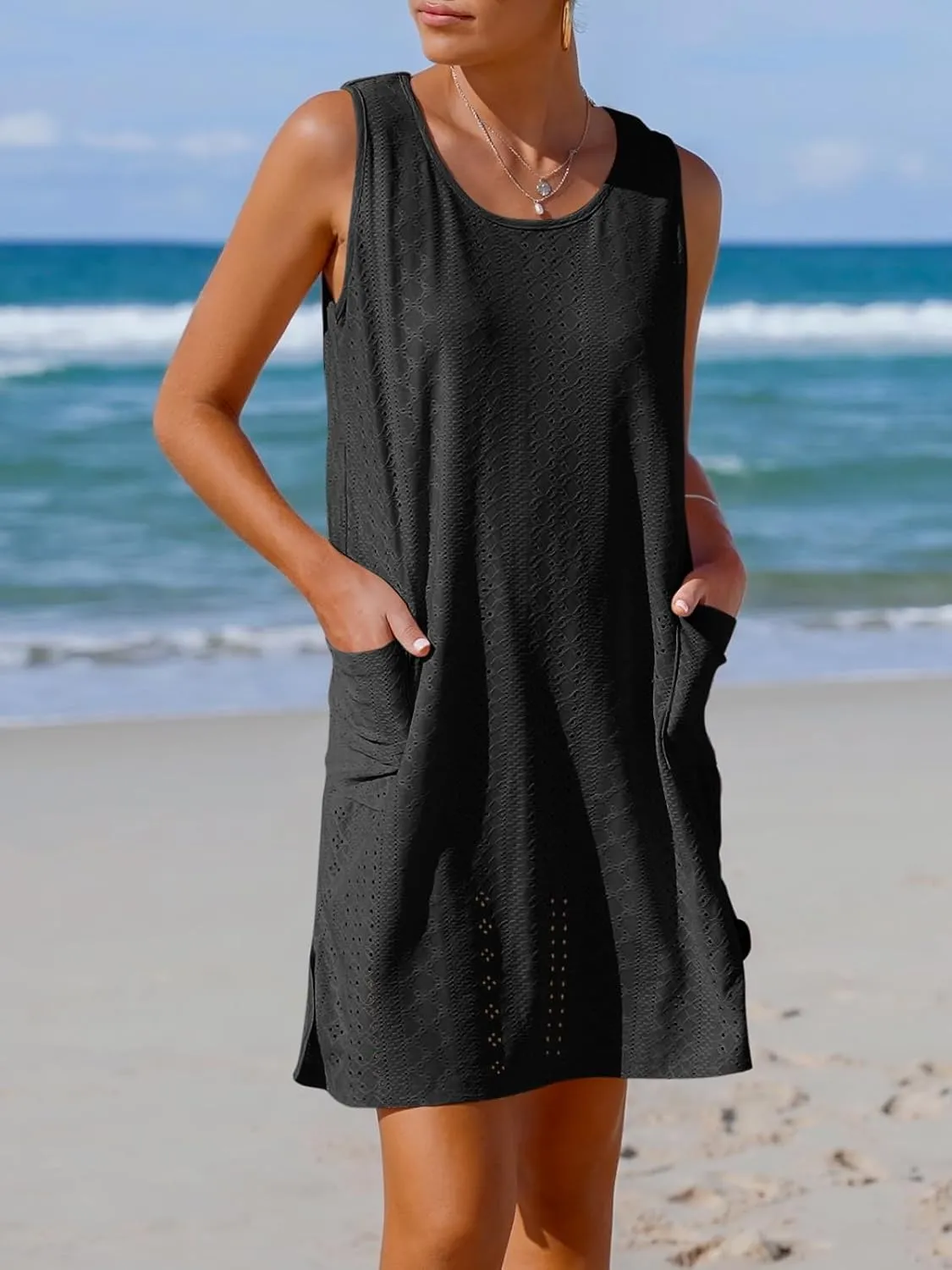 Imily Bela Womens Summer Dresses Casual Beach Tank Eyelet Sleeveless Sundresses 2025 Loose Swimsuit Coverup with Pockets