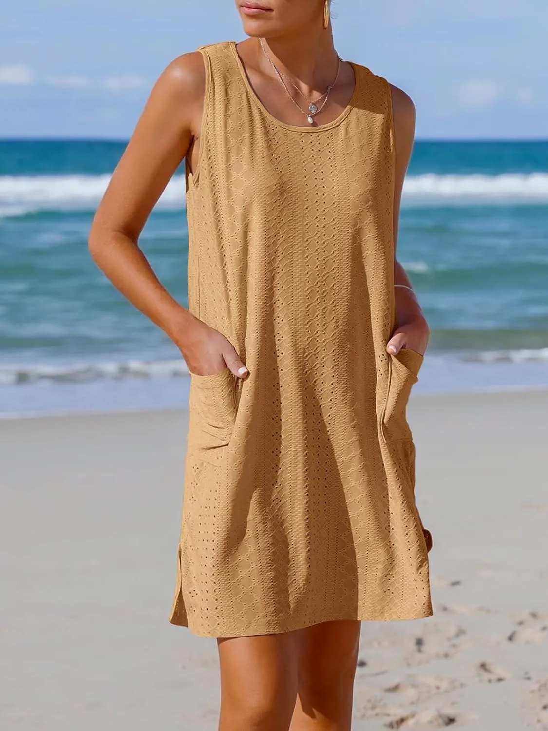 Imily Bela Womens Summer Dresses Casual Beach Tank Eyelet Sleeveless Sundresses 2025 Loose Swimsuit Coverup with Pockets