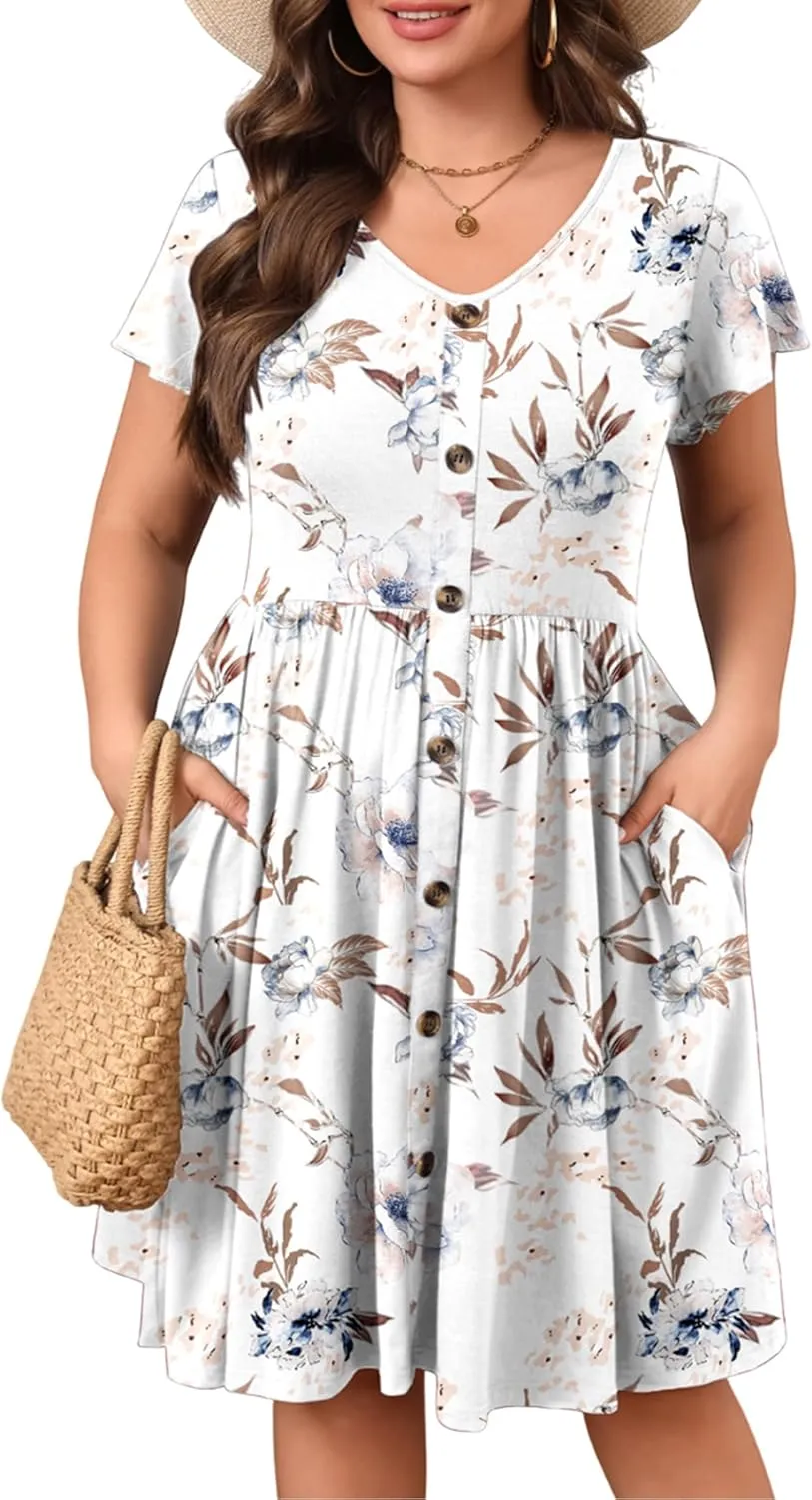 IN'VOLAND Plus Size Summer Dresses for Women Casual Floral A-line Dress Flowy Beach Sundress with Pockets