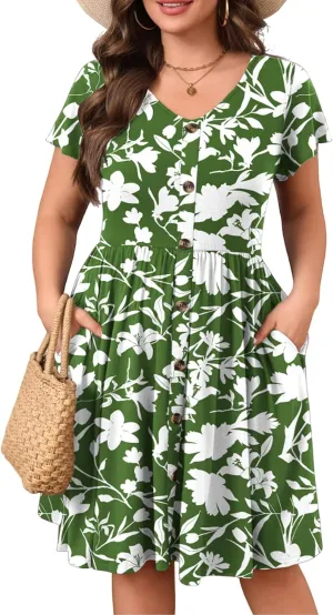 IN'VOLAND Plus Size Summer Dresses for Women Casual Floral A-line Dress Flowy Beach Sundress with Pockets