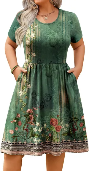 IN'VOLAND Womens Plus Size Summer Dress Short Sleeve Casual Mini Dresses Empire Waist T-Shirt Dress with Pockets