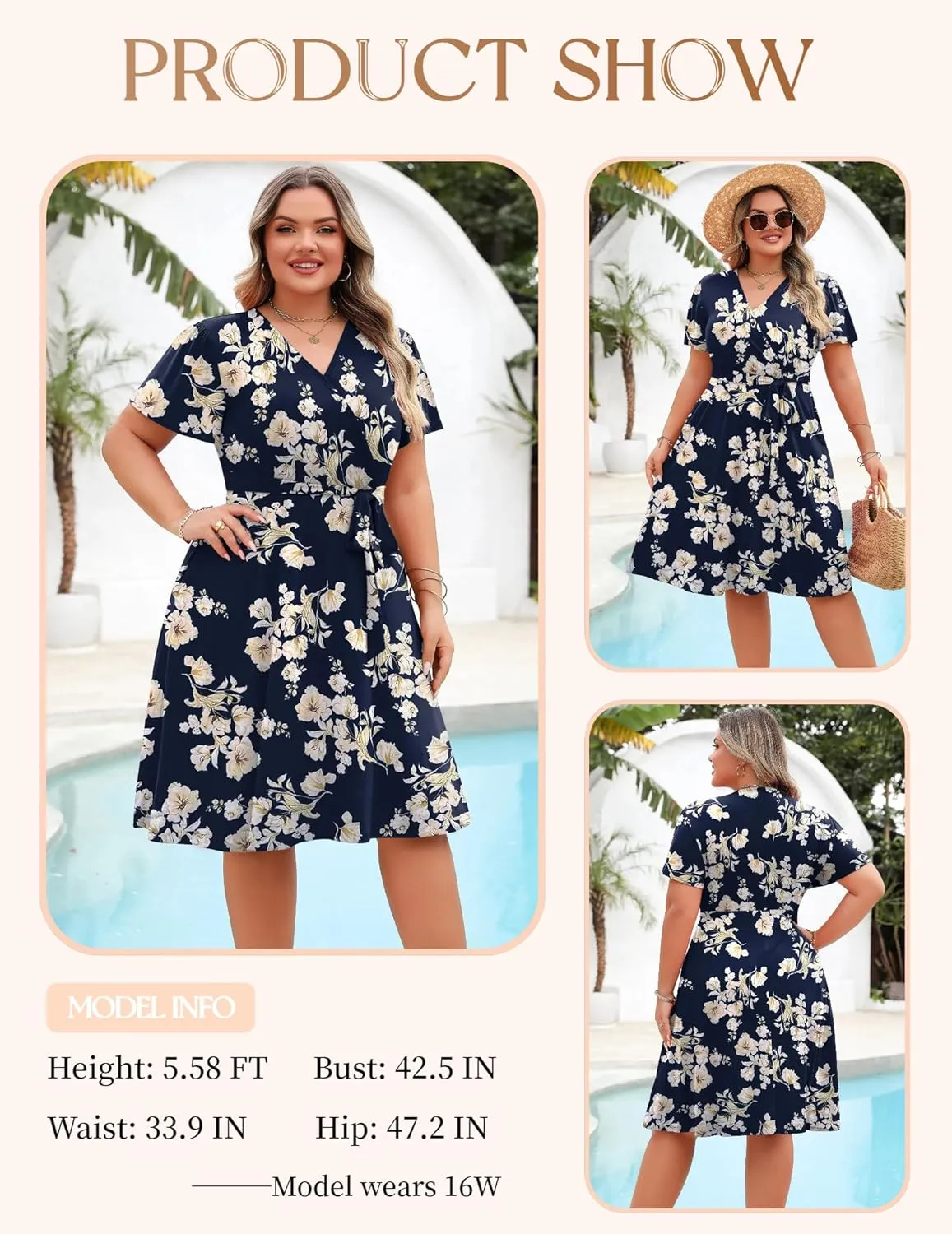 IN'VOLAND Women's Plus Size V Neck Knee Length Dress Casual Floral Dresses Summer Short Sleeve Sundress with Pockets