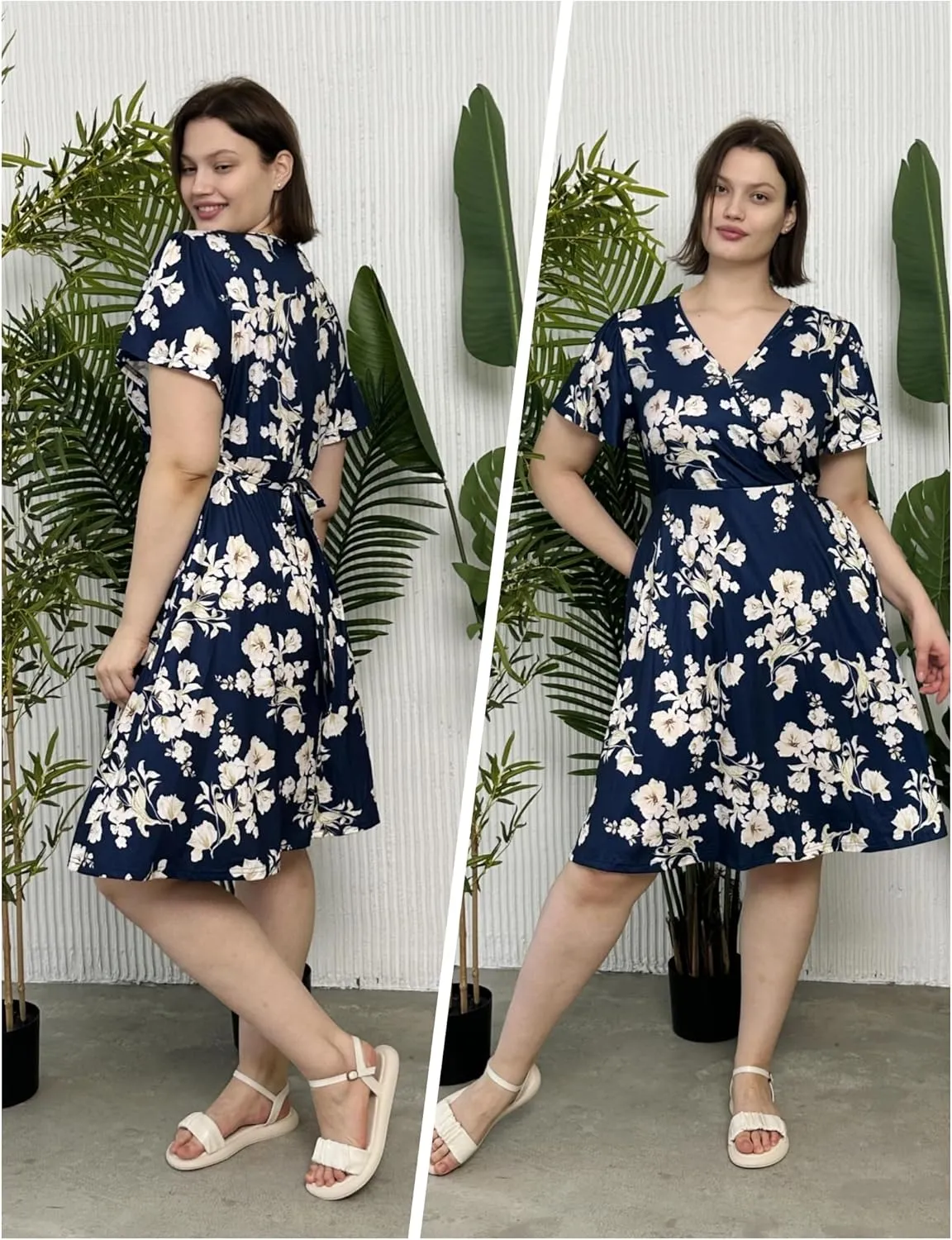 IN'VOLAND Women's Plus Size V Neck Knee Length Dress Casual Floral Dresses Summer Short Sleeve Sundress with Pockets