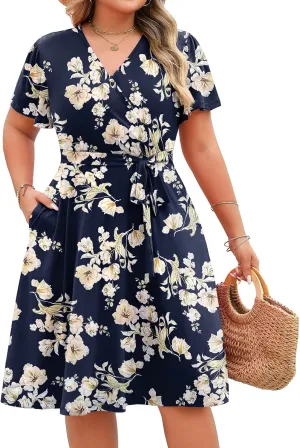 IN'VOLAND Women's Plus Size V Neck Knee Length Dress Casual Floral Dresses Summer Short Sleeve Sundress with Pockets