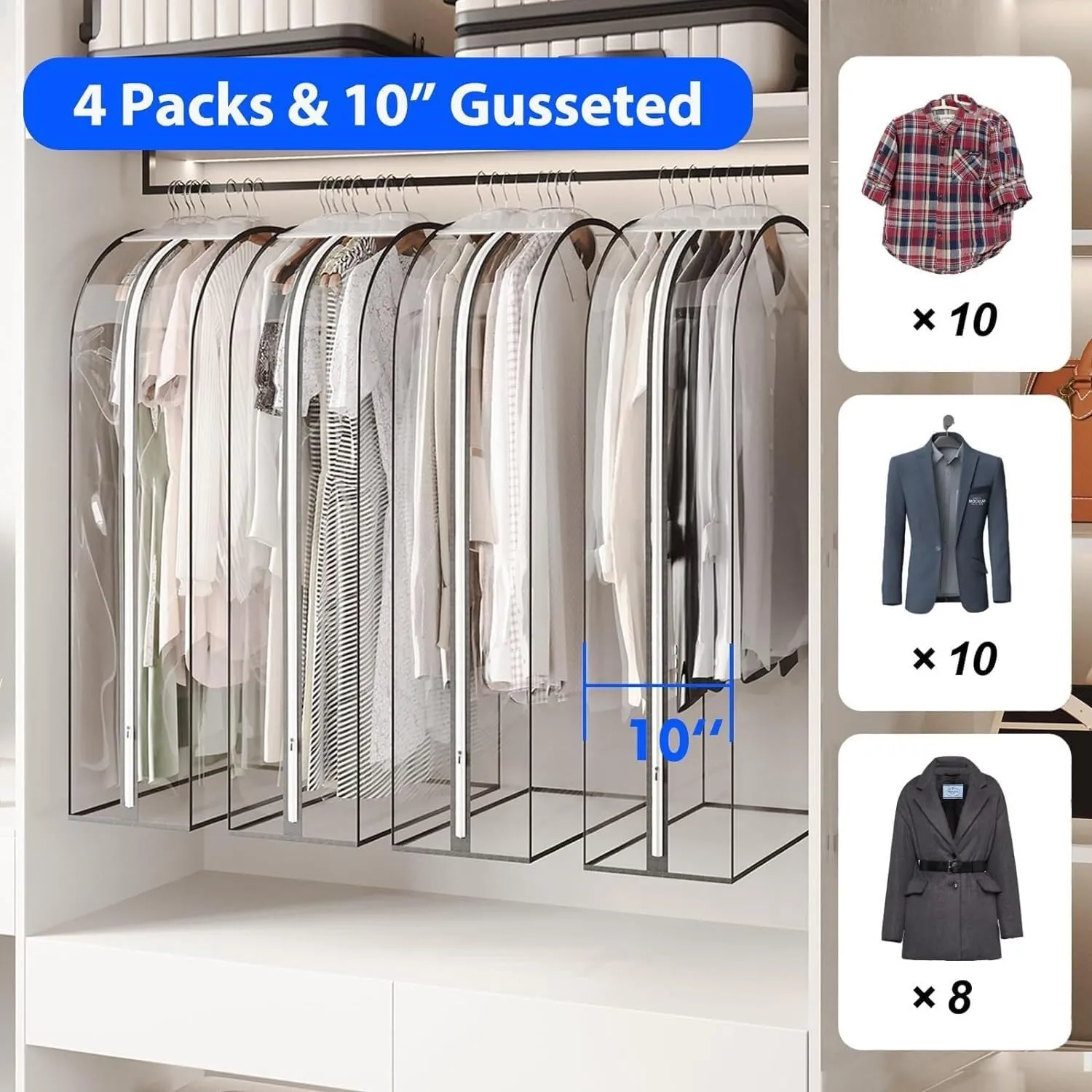 IRYZE Garment Bag for Travel, 4 Pack 40 Clear Garment Bag For Hanging Clothes With 10 Gusseted Suit Bags Suit Luggage Bag, 60*25.5*102cm