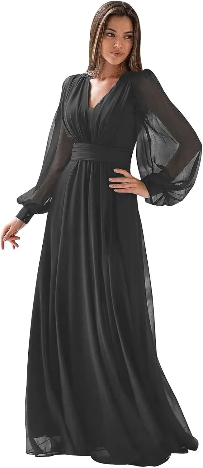 Jingguo'er Women's Long Sleeve Bridesmaid Dresses V Neck Formal Dress Pleated Chiffon A Line Evening Party Gowns