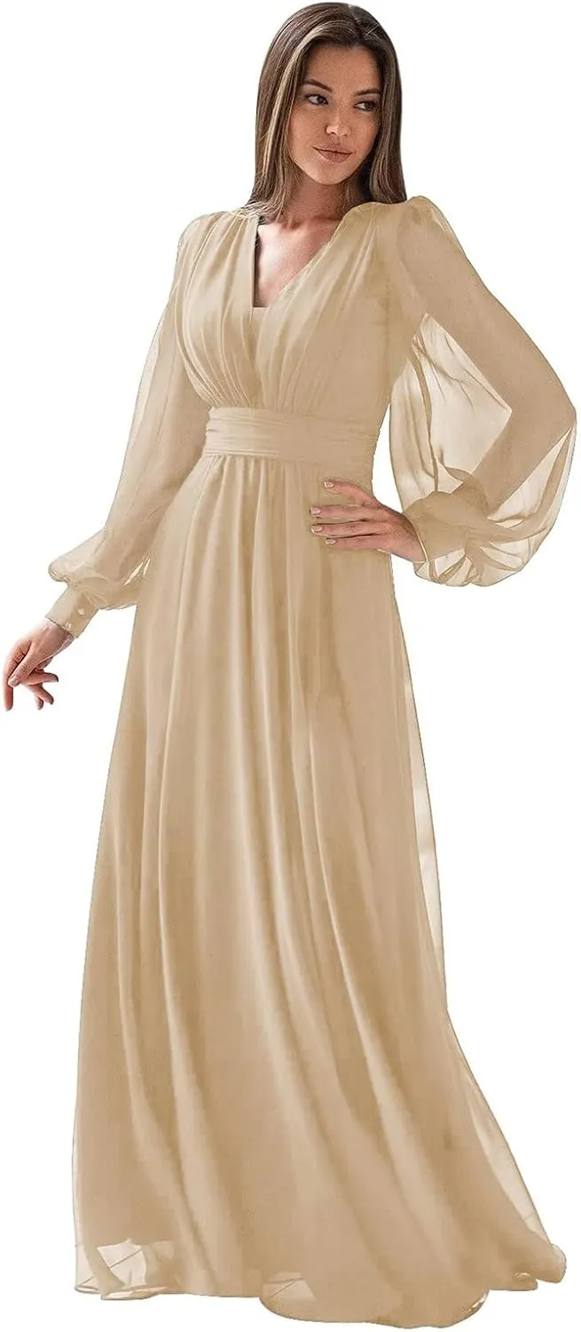 Jingguo'er Women's Long Sleeve Bridesmaid Dresses V Neck Formal Dress Pleated Chiffon A Line Evening Party Gowns