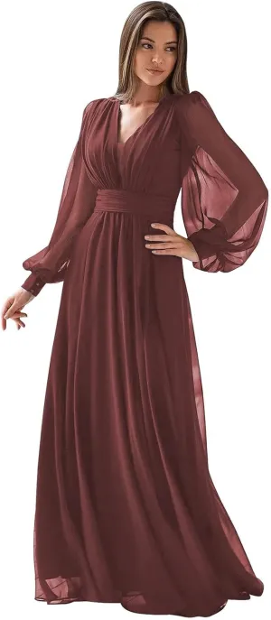Jingguo'er Women's Long Sleeve Bridesmaid Dresses V Neck Formal Dress Pleated Chiffon A Line Evening Party Gowns