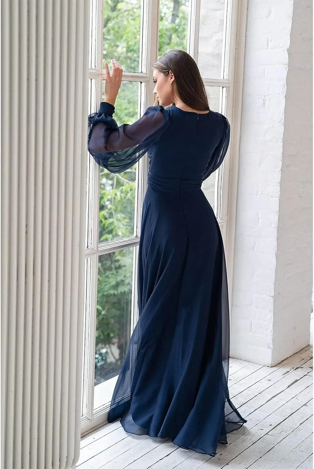 Jingguo'er Women's Long Sleeve Bridesmaid Dresses V Neck Formal Dress Pleated Chiffon A Line Evening Party Gowns