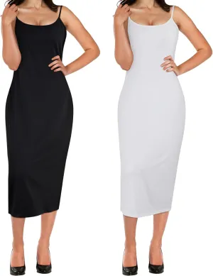 Jiuguva 2 Pcs Full Slip for Under Dresses Adjustable Spaghetti Strap Sleeveless Nightgown Women's Slip Long Dress