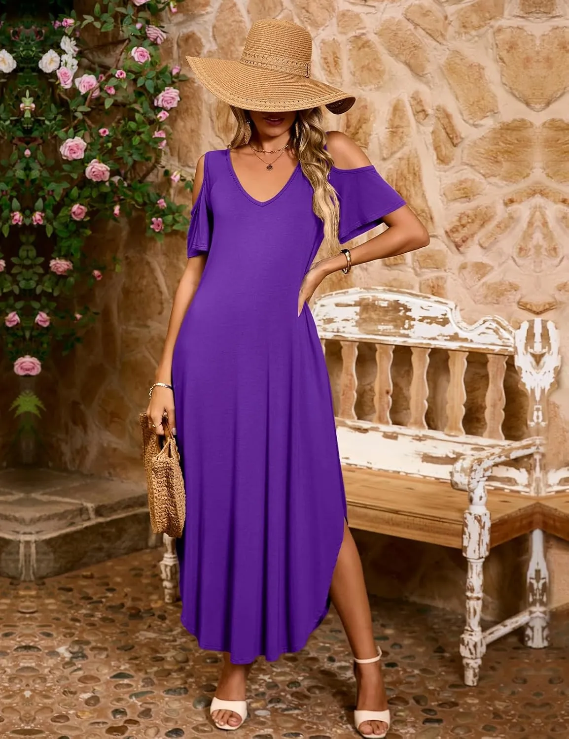JollieLovin Womens Plus Size Casual Summer Maxi Long Dress Cold Shoulder V Neck Beach Sundresses