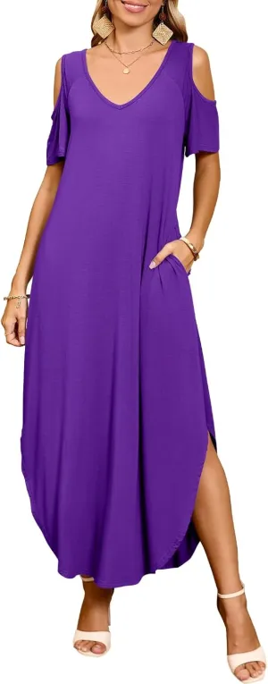 JollieLovin Womens Plus Size Casual Summer Maxi Long Dress Cold Shoulder V Neck Beach Sundresses