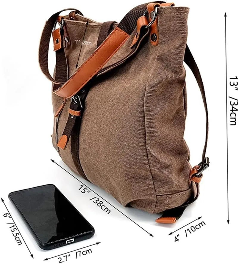 JSEIAJB Casual Backpack Large Capacity Women's Bag Retro Bucket Bag Multi-Functional Canvas Shoulder Bag