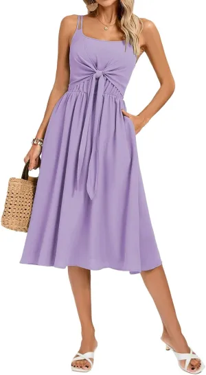 Kate Kasin Women Summer Spaghetti Strap Midi Dress with Pockets Square Neck Tie Front Smocked Back Casual Boho Beach Sundress