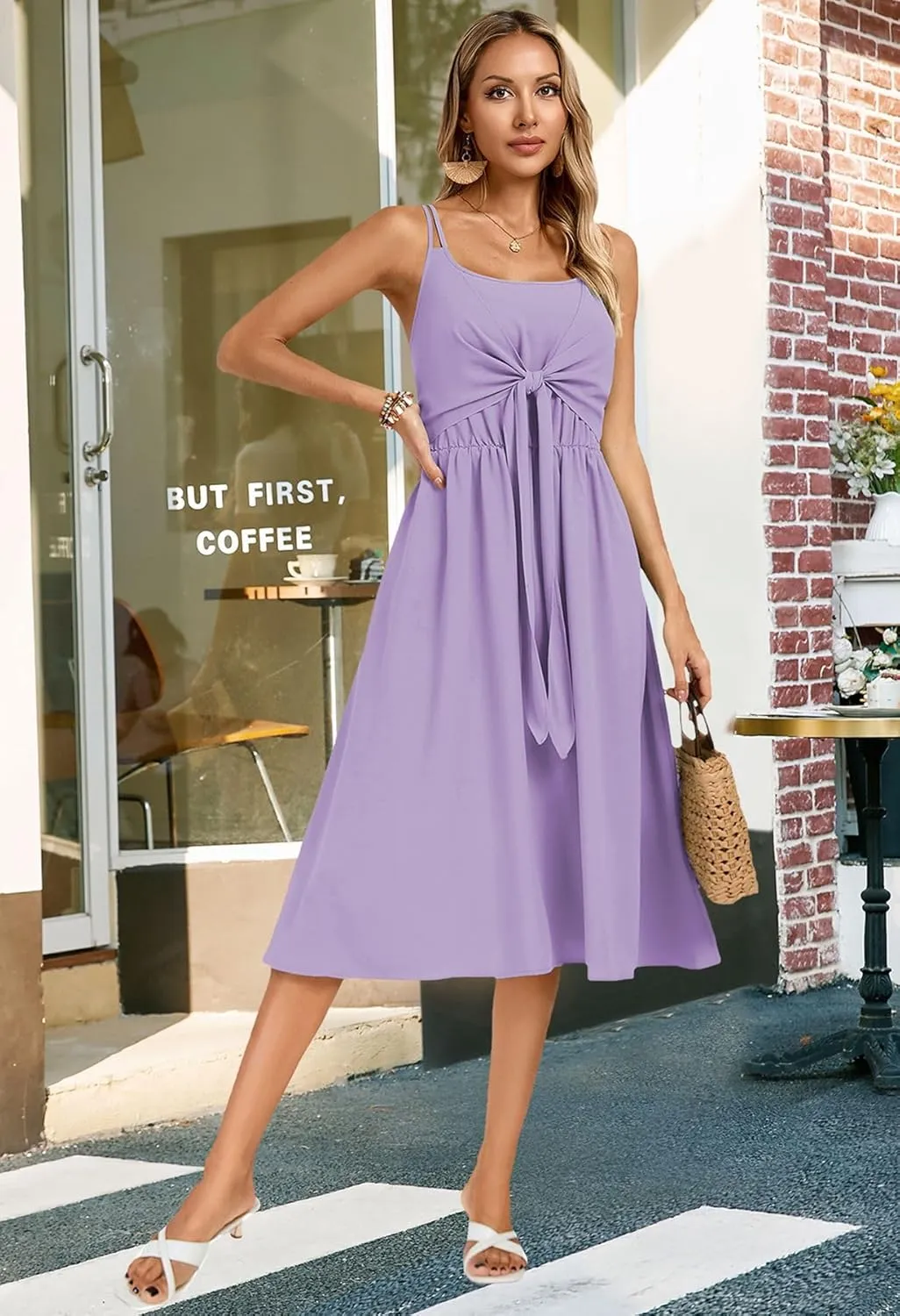 Kate Kasin Women Summer Spaghetti Strap Midi Dress with Pockets Square Neck Tie Front Smocked Back Casual Boho Beach Sundress