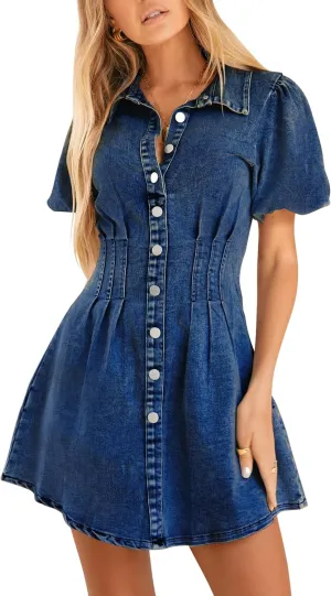 KDF Summer Denim Dress for Women Puff Sleeve Slim Fit Jean Dresses for Women 2025 Casual