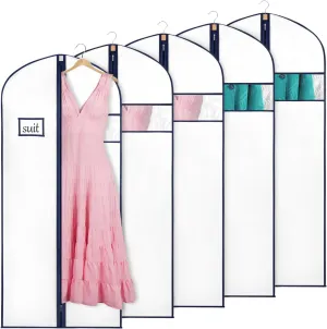 KEEGH 60'' Dress Bags for Gowns Long (Set of 5), Garment Bags for Hanging Clothes, Dress Bags for Closet Storage for Hanging Coats Dresses with Clear Window and Label Pocket, White/Navy Blue