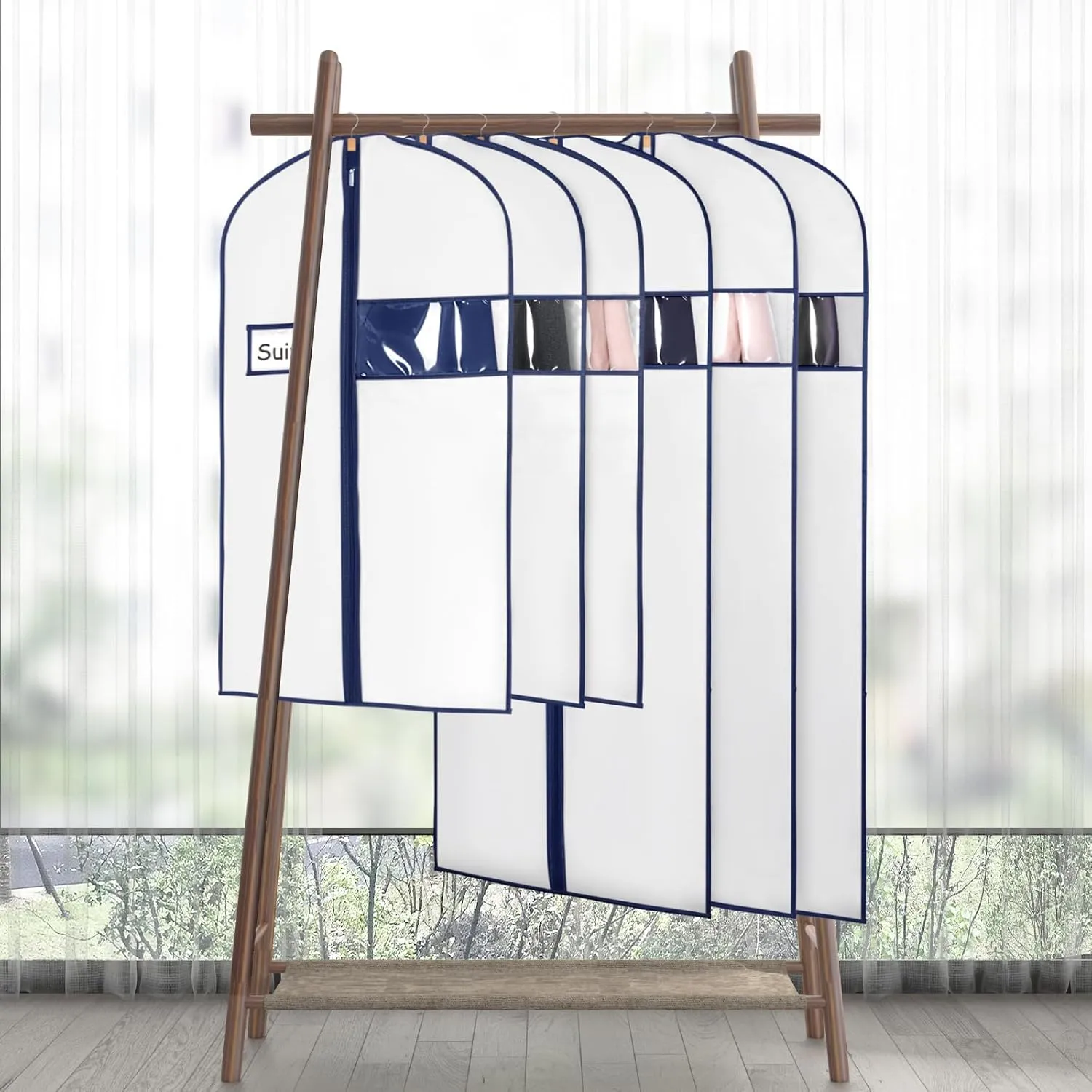 KEEGH 60'' Dress Bags for Gowns Long (Set of 5), Garment Bags for Hanging Clothes, Dress Bags for Closet Storage for Hanging Coats Dresses with Clear Window and Label Pocket, White/Navy Blue