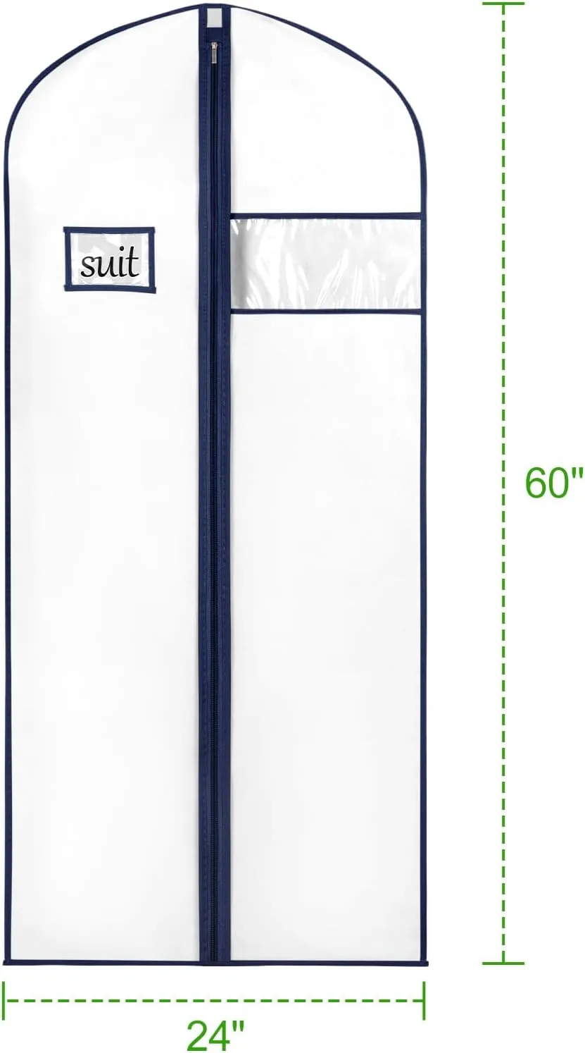 KEEGH 60'' Dress Bags for Gowns Long (Set of 5), Garment Bags for Hanging Clothes, Dress Bags for Closet Storage for Hanging Coats Dresses with Clear Window and Label Pocket, White/Navy Blue