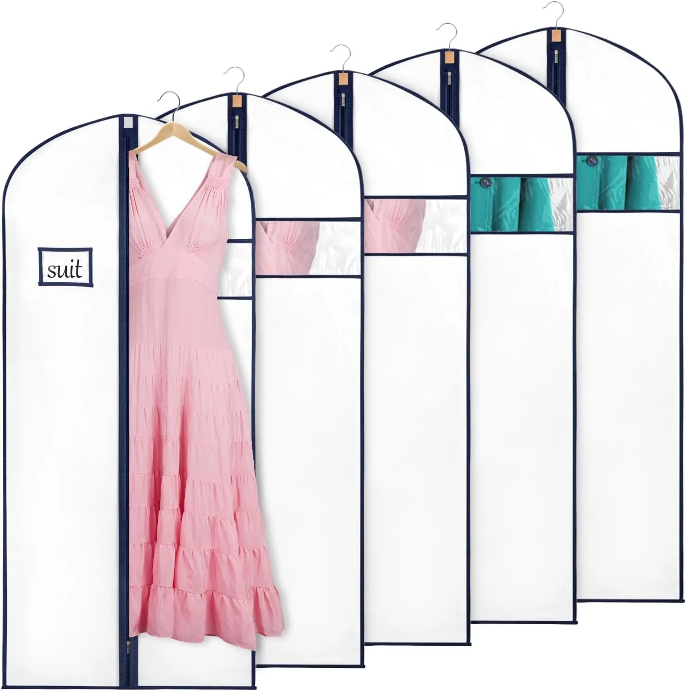 KEEGH 60'' Dress Bags for Gowns Long (Set of 5), Garment Bags for Hanging Clothes, Dress Bags for Closet Storage for Hanging Coats Dresses with Clear Window and Label Pocket, White/Navy Blue