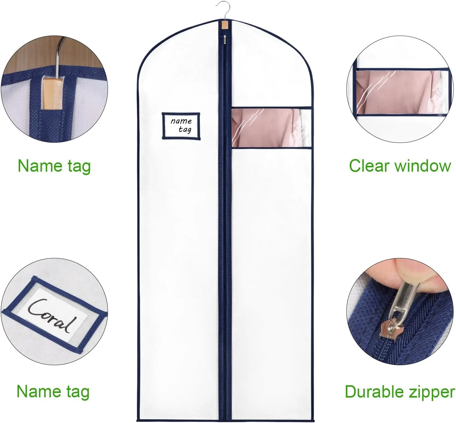 KEEGH 60'' Dress Bags for Gowns Long (Set of 5), Garment Bags for Hanging Clothes, Dress Bags for Closet Storage for Hanging Coats Dresses with Clear Window and Label Pocket, White/Navy Blue