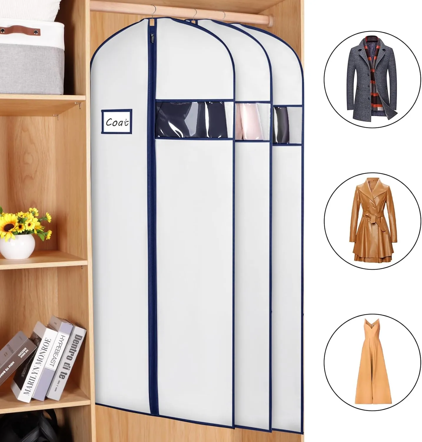 KEEGH 60'' Dress Bags for Gowns Long (Set of 5), Garment Bags for Hanging Clothes, Dress Bags for Closet Storage for Hanging Coats Dresses with Clear Window and Label Pocket, White/Navy Blue