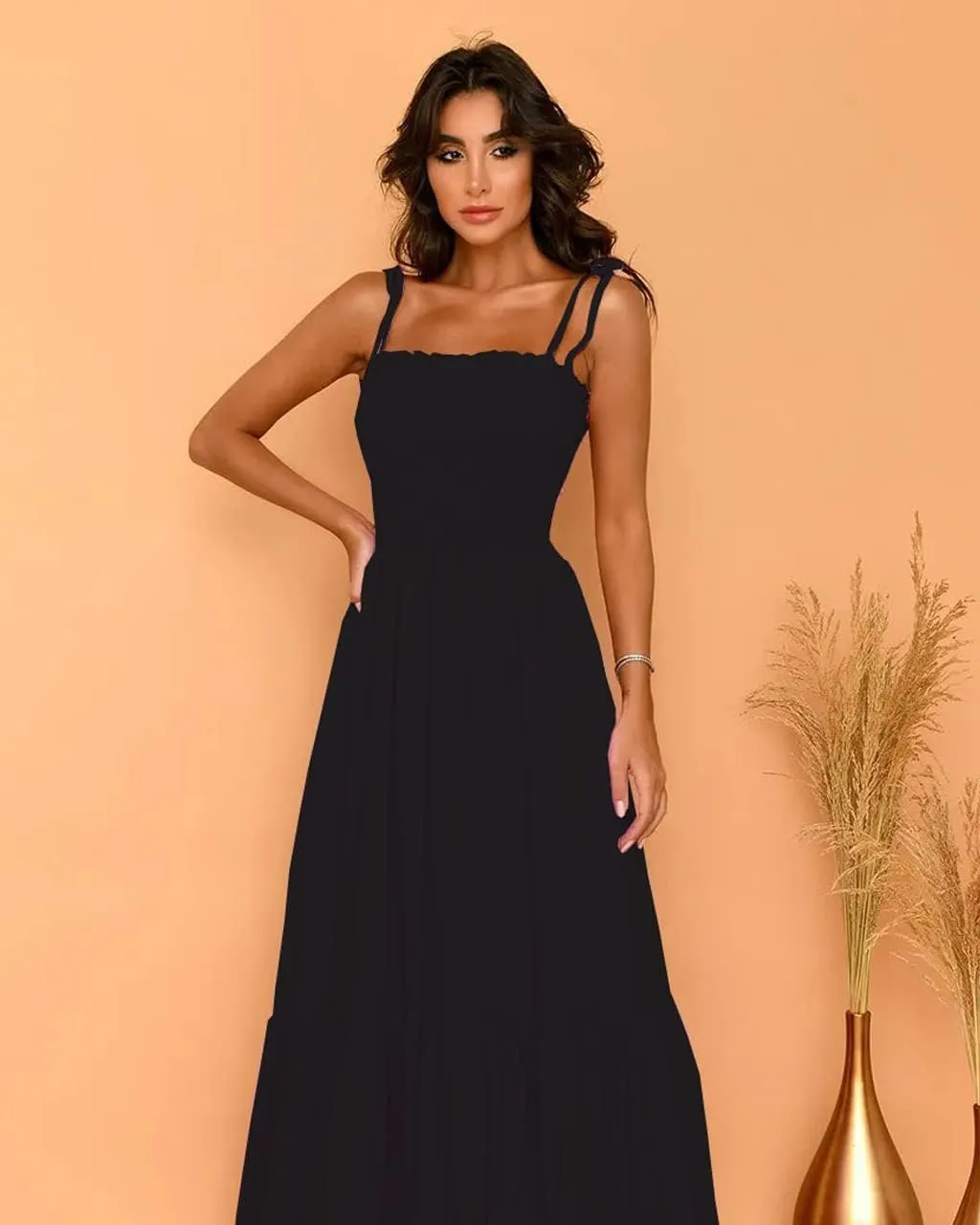 kinstell Women's 2025 Summer Casual Boho Sleeveless Spaghetti Strap Smocked Square Neck Ruffle A Line Beach Long Maxi Dress