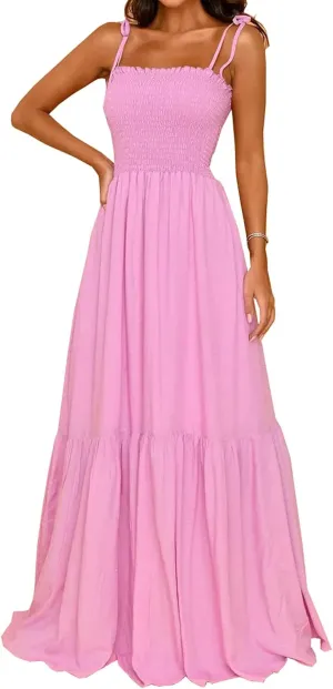 kinstell Women's 2025 Summer Casual Boho Sleeveless Spaghetti Strap Smocked Square Neck Ruffle A Line Beach Long Maxi Dress