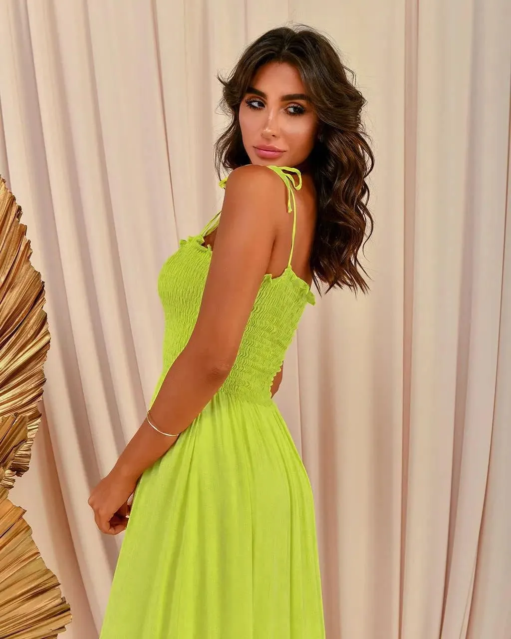 kinstell Women's 2025 Summer Casual Boho Sleeveless Spaghetti Strap Smocked Square Neck Ruffle A Line Beach Long Maxi Dress