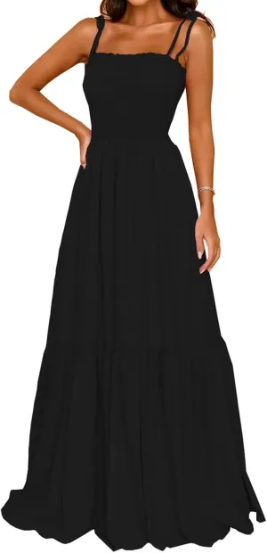 kinstell Women's 2025 Summer Casual Boho Sleeveless Spaghetti Strap Smocked Square Neck Ruffle A Line Beach Long Maxi Dress