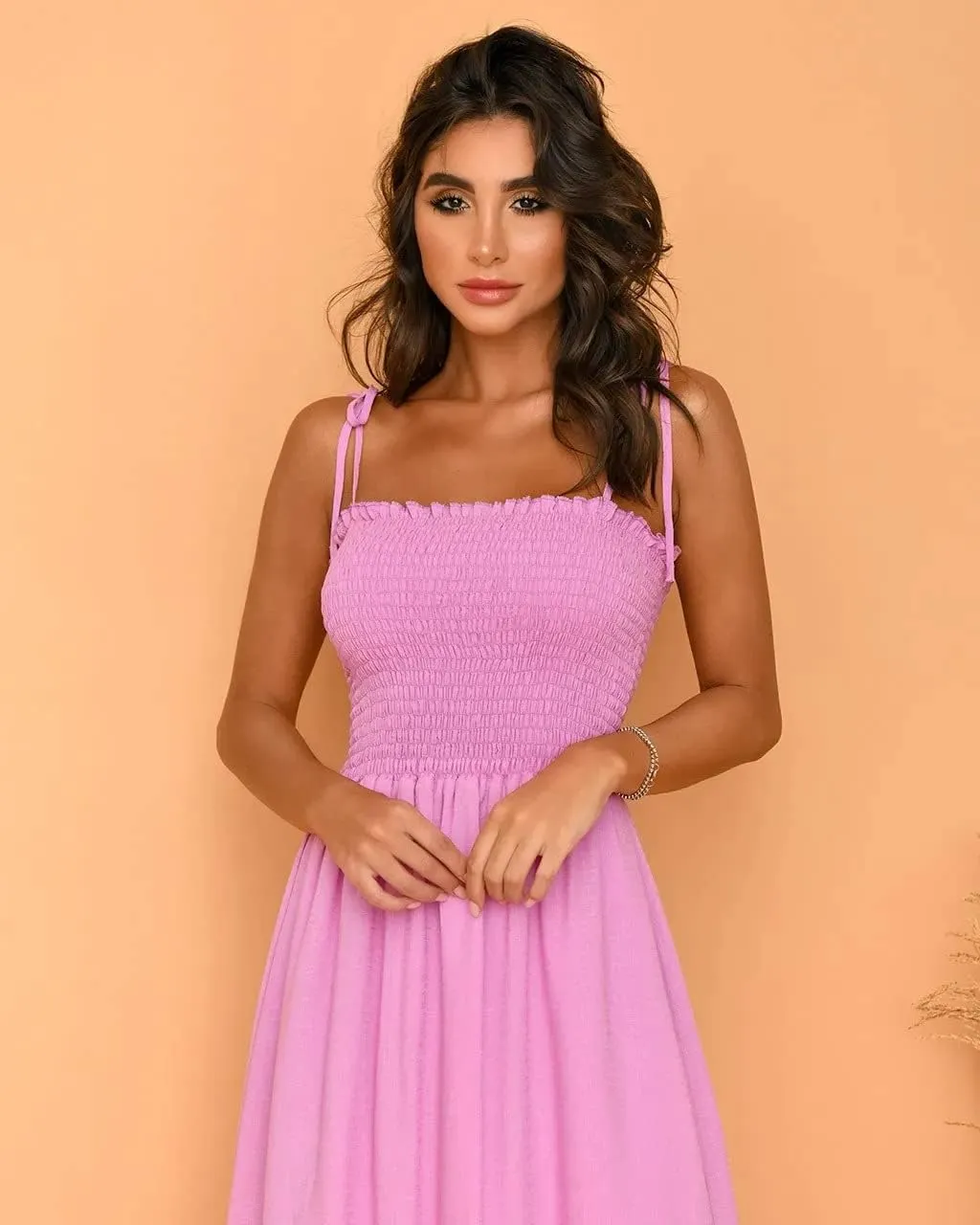 kinstell Women's 2025 Summer Casual Boho Sleeveless Spaghetti Strap Smocked Square Neck Ruffle A Line Beach Long Maxi Dress